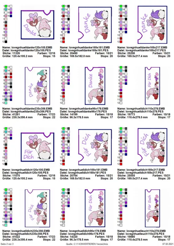 Stickdatei Set Lovegnomes ITH Geschenk- und Schokoladenhüllen, Übersicht mit 12 Designs. Alles Hüllen im Querformat mit unterschiedlichen Gnommotiven und Schriftzügen: "Danke"; "Für dich".