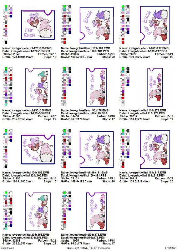 Stickdatei Set Lovegnomes ITH Geschenk- und Schokoladenhüllen, Übersicht über 11 diverse Hüllen im Querformat, jeweils bestickt mit diversem Gnommotiv und verschiedenen Schriftzügen: "Für euch", bzw. "Hab dich lieb".