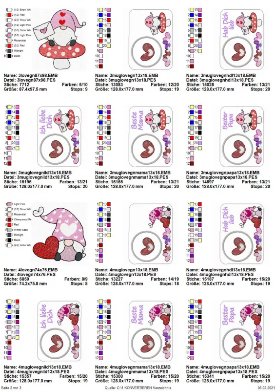 Stickdatei Set Lovegnomes ITH Mugrugs, Übersicht über 12 Dateien. 2 mal Einzelmotive diverse Gnome; 10 mal Mugrug mit unterschiedlichen Gnommotiven, mit oder ohne Schriftzug "Hab dich lieb", "Ich liebe dich", "Beste Mama", "Bester Papa".