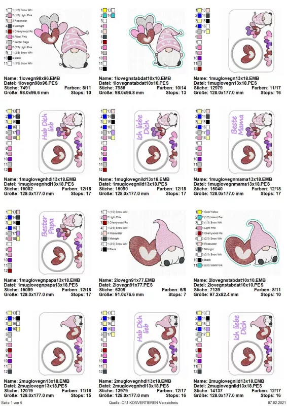 Stickdatei Set Lovegnomes Sparset 4 in 1 mit Dateien für Mugrugs, Schokohüllen, Anhänger und Stabdesigns, Übersicht mit 12 Dateien. 4 mal Einzelgnom (2 unterschiedliche Motive). 8 mal Tassenteppich mit Gnommotiv (2 unterschiedliche), dabei teilweise mit S