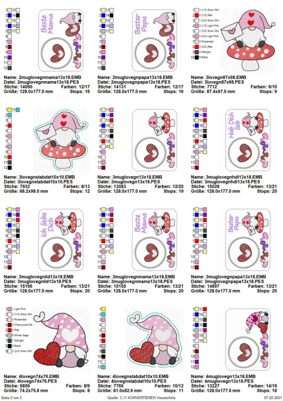 Stickdatei Set Lovegnomes Sparset 4 in 1 mit Dateien für Mugrugs, Schokohüllen, Anhänger und Stabdesigns, Übersicht über 12 Dateien. 4 mal Einzelgnome in 2 Motiven, dabei 2 mal als Stabdatei. 8 mal Tassenteppich, diverse Motive, mit/ohne Schriftzug: "Hab