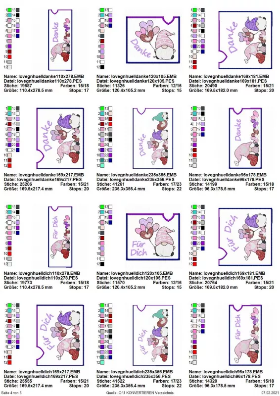 Stickdatei Set Lovegnomes Sparset 4 in 1 mit Dateien für Mugrugs, Schokohüllen, Anhänger und Stabdesigns, Übersicht zeigt 12 Hüllen in Querformat. Mit variablem Gnommotiv, zusätzlich Schriftzug: "Danke", bzw. "Für dich".