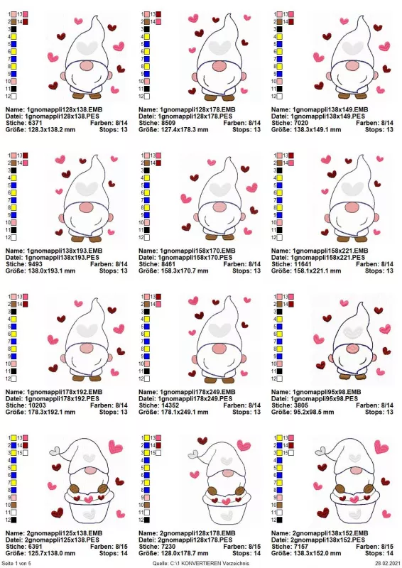 Stickdatei Set 5in1 Lovegnome Doodle-Applikationen, Übersicht mit 12 Motiven. 9 mal von Herzchen umrahmter stehender Gnom. 3 mal Gnom in Hut, umgeben von Herzchen.