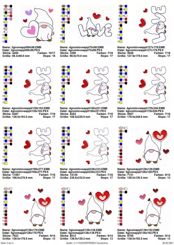 Stickdatei Set 5in1 Lovegnome Doodle-Applikationen, Übersicht mit 12 Motiven. 1 mal von Herzchen umrahmter stehender Gnom, Herz haltend; 4 mal von Herzchen umgebener Gnom mit Herzluftballon; 7 mal Schriftzug "LOVE", dabei Gnom mit Herz als "O", oberhalb d