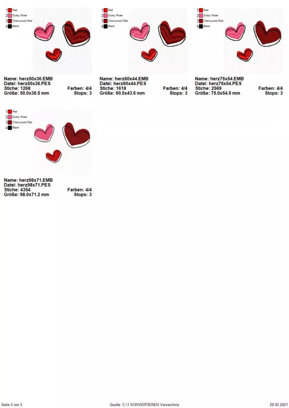 Stickdatei Set 5in1 Lovegnome Doodle-Applikationen, Übersicht zeigt 4 Motive. Alle aus rosa, rotem und pinkem Herz als Trilogie.