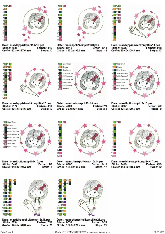 Stickdatei Set Schulkind Sophie (div. Rahmengrößen), Übersicht mit 11 Dateien. 2 mal Mädchenkopf in Kreis mit Sternansammlungen; 5 mal Mädchenkopf im Sternenkreis; 2 mal Mädchenkopf im Sternenkreis mit Schultüte am Kreis; 2 mal stehendes Mädchen mit Schul