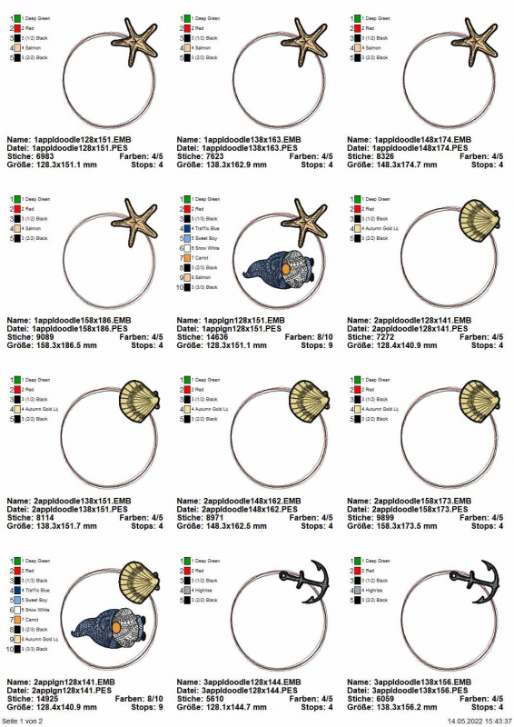 Stickdatei Set Mandalagnom mit maritimen Rahmen als Doodle-Applikation Übersicht Rahmen mit Seestern und Muschel