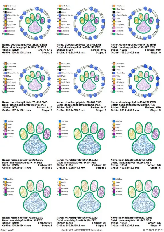 Übersicht Stickdatei Set Mandalapfoten Teil 1