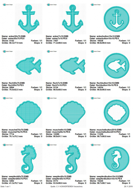 Stickdatei Set Maritime Handtuch Motive Embossed 10x10, Übersicht mit 12 Dateien. 2 mal Anker, 2 mal Fisch, 2 mal Muschel, 2 mal Seepferdchen. Außerdem 4 kreisrunde Embleme mit Musterung der Füllfläche unter Aussparung des Motivareals, so dass das Motiv d