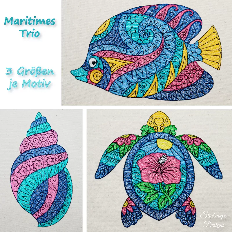 Stickdatei Set Martimes Trio Übersicht gestickter Motive Fisch Muschel und Schildkröte