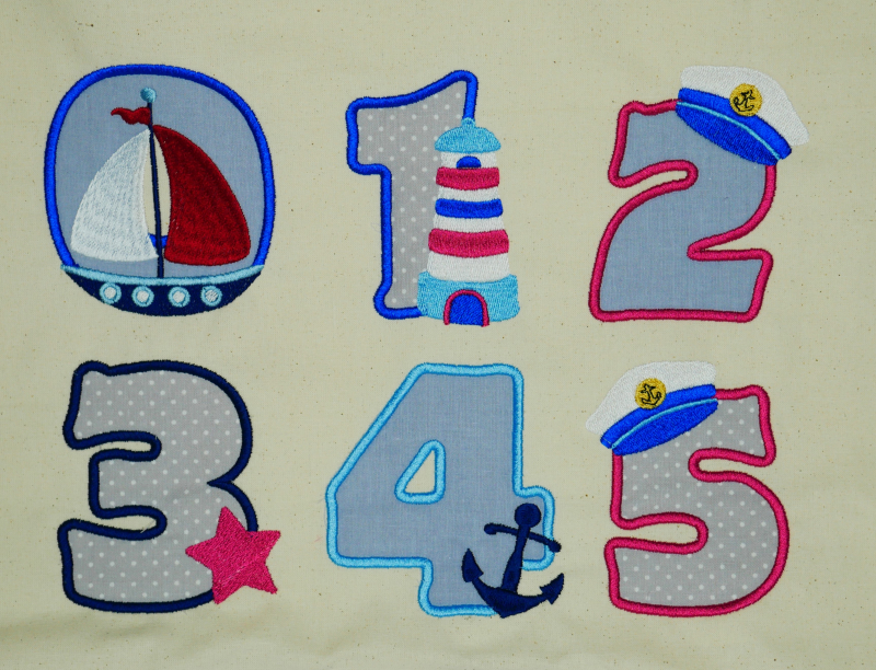 Stickdatei Set Maritime Zahlen (8 und 10 cm Höhe) mit süßen kleinen Meeresmotiven