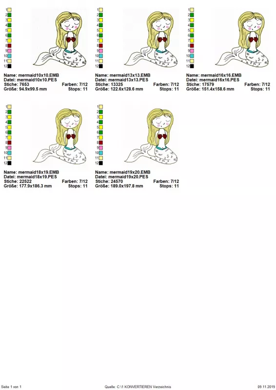 Stickdatei Mermaid in 5 Größen, Übersicht zeigt 5 Dateien, alle mit Meerjungfrau.