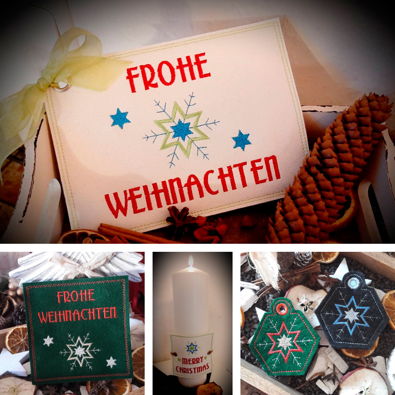 Stickdatei Set ITH Weihnachtskarten, Geschenkanhänger und Schriftzüge Stickdatei Set ITH Weihnachtskarten, Geschenkanhänger und Schriftzüge