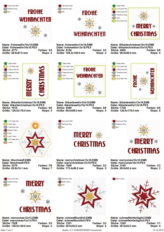 Stickdatei Set ITH Weihnachtskarten, Geschenkanhänger und Schriftzüge, Übersicht mit 12 Dateien. 2 mal Eiskristall, divers; 5 mal Sterne/Eiskristall mit Aufschrift ("Frohe Weihnachten", bzw. "Merry Christmas"); 4 mal Karte Sterne/Eiskristall mit Aufschrif
