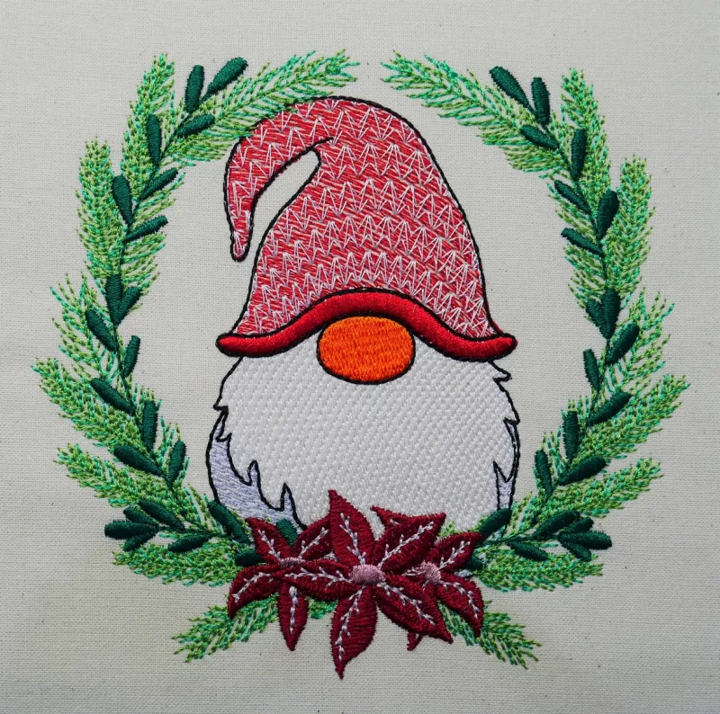 Stickdatei Set Christmas Gnomes (ab 10x10) mit roter Mütze und Weihnachtssternen.