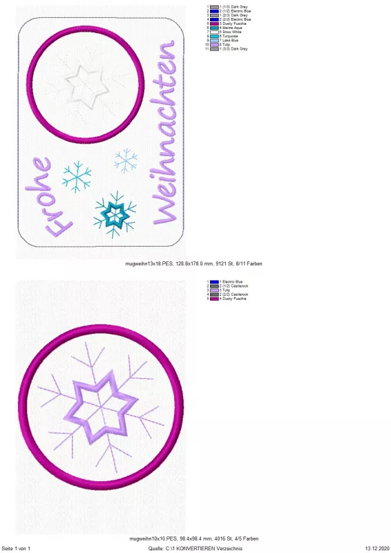 Freebie Stickdatei ITH Mug Rug Frohe Weihnachten (10x10 und 13x18), Abbildung mit 2 Fotos in der Übersicht mit Angabe zu Größen/Stichzahlen. Einmal für querformatigen Tassenteppich mit Schriftzug "Frohe Weihnachten"/Eiskristallbestickung, einmal für einze