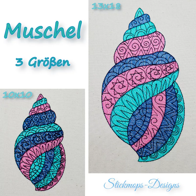 Muschel mit Mandalamuster in blau türkis und rosa getickt