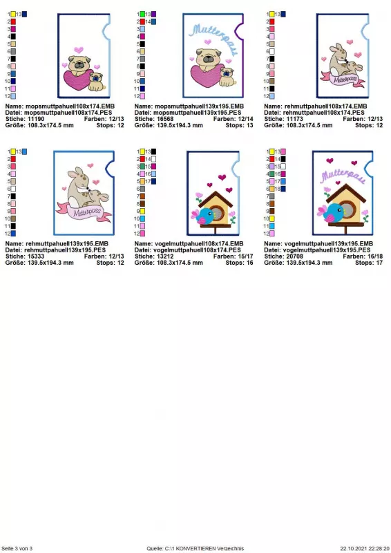 Stickdatei Set ITH Mutterpass-Hüllen für DE und AT + Einzelmotive, Übersicht über 6 Designs, jeweils 3 diverse Stickmotive, mit und ohne Schriftzug "Mutterpass". Motive: Möpse mit Herzen; Känguruhs; Vogel vor Vogelhaus.