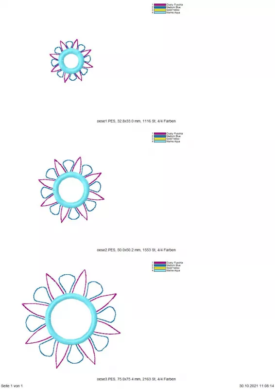 Freebie Stickdatei Öse, Übersicht mit 3 Dateien unterschiedlicher Größe für gestickte Zierösung in Form einer strahlenartigen mehrfarbigen Blüte.