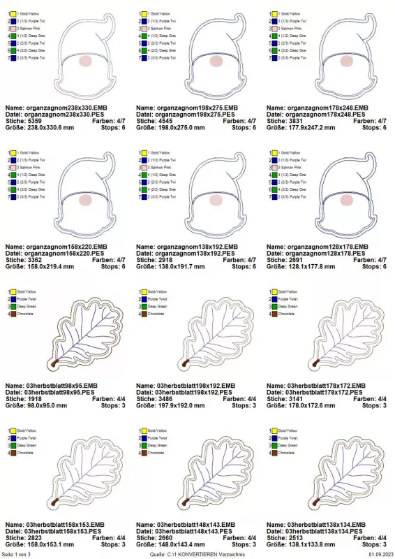 Stickdatei Set Organza Herbstblätter & Gnom (Herbstkalendertürchen 1 a), Übersicht mit zwölf Dateien. Sechsmal für Gnom, sechsmal für Organza-Eichenblatt.