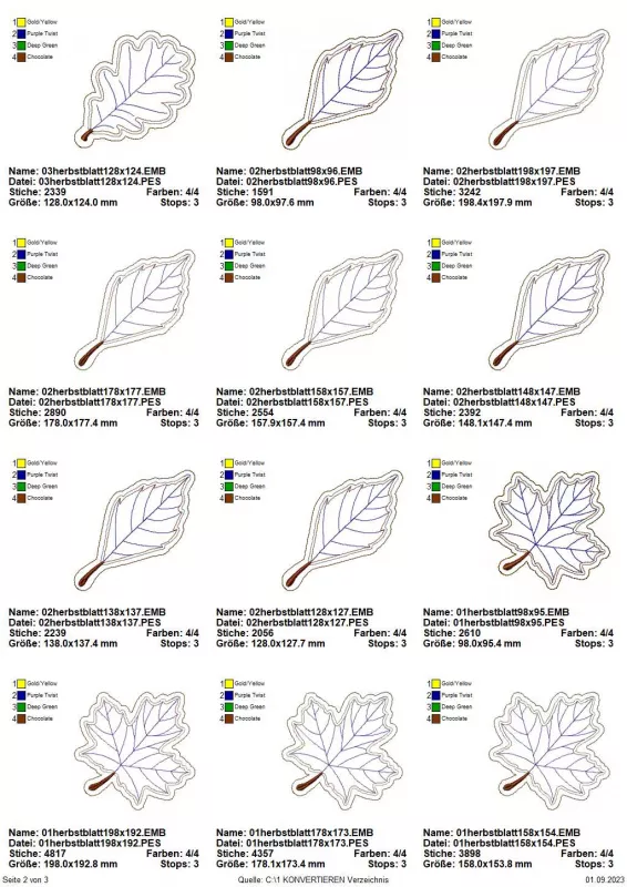Stickdatei Set Organza Herbstblätter & Gnom (Herbstkalendertürchen 1 a), Übersicht zeigt zwölf Dateien für Organza-Laubblätter. Einmal für Eichenblatt, siebenmal für Buchenblatt, viermal für Ahornblatt.
