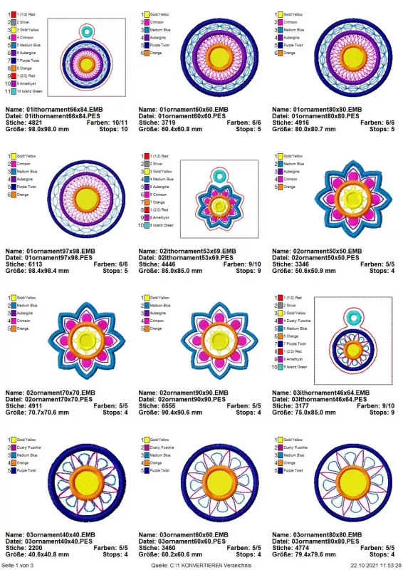 Übersicht für Stickdatei Set Ornamente inkl. ITH Anhänger