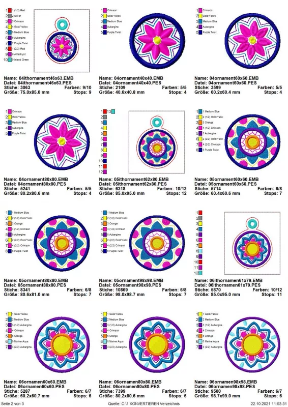 Stickdatei Set Ornamente inkl. ITH Anhänger Übersicht Seite 2