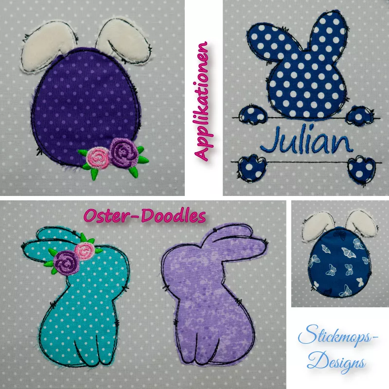 Stickdatei Set Oster-Doodles als Applikationen & Vollstick inkl. Schriftzüge, 4 Abbildungen: Lila und gepunktete Eiform mit flauschigen hellen Hasenohren und zwei Rosenköpfen (rosa und dunkelpink); zwei einander zugewandte Hasensilhouetten, in türkis mit