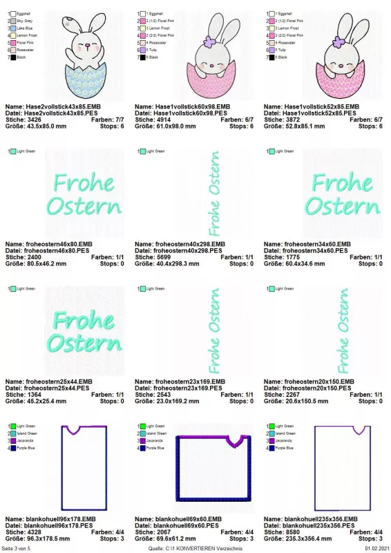 Stickdatei Set Osterhüllen ITH Geschenk- und Schokoladenhüllen + Einzelmotive, Übersicht mit 12 Designs. 3 mal Hase in Eierschale; 6 mal Schriftzug "Frohe Ostern"; 3 mal Blankohüllen in Hochkant-, bzw. Querformat.