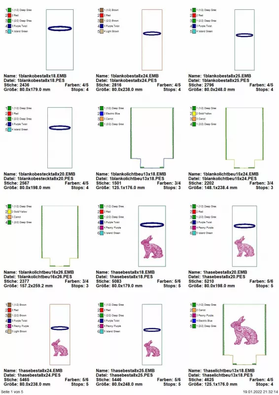 Stickdatei Sparset ITH Ostermandala-Deko, Übersicht über 12 Dateien, diverse Größen. 4 mal Bestecktaschen in Hochkant Blanko; 3 mal Lichtbeutel Blanko; 4 mal Bestecktaschen mit sitzendem Kaninchen; 1 mal Lichtbeutel mit sitzendem Kaninchen.