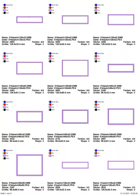 Stickdatei Set Blanko-Patches Aufnäher (mit und ohne Klett auf der Rückseite umsetzbar), Übersicht mit 12 Dateien. Alle blanko, länglich-rechteckig, diverse Abmessungen. 