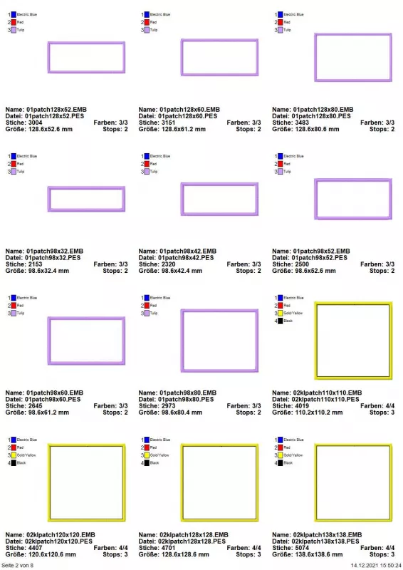 Stickdatei Set Blanko-Patches Aufnäher (mit und ohne Klett auf der Rückseite umsetzbar), Übersicht mit 12 Dateien. Alle blanko und rechteckig, diverse Abmessungen. 