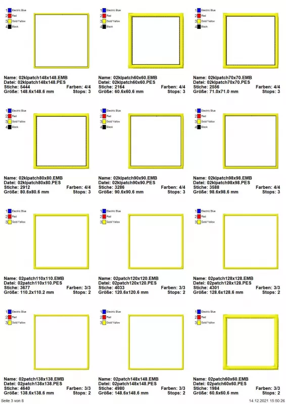 Stickdatei Set Blanko-Patches Aufnäher (mit und ohne Klett auf der Rückseite umsetzbar), Übersicht mit 12 Dateien. Alle blanko und quadratisch, diverse Umrandungsbreiten. 