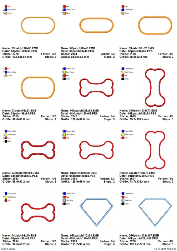 Stickdatei Set Blanko-Patches Aufnäher (mit und ohne Klett auf der Rückseite umsetzbar), Übersicht mit 12 Dateien, alle blanko. 4 mal oval; 6 mal Knochen-Umriss; 2 mal Diamantform.