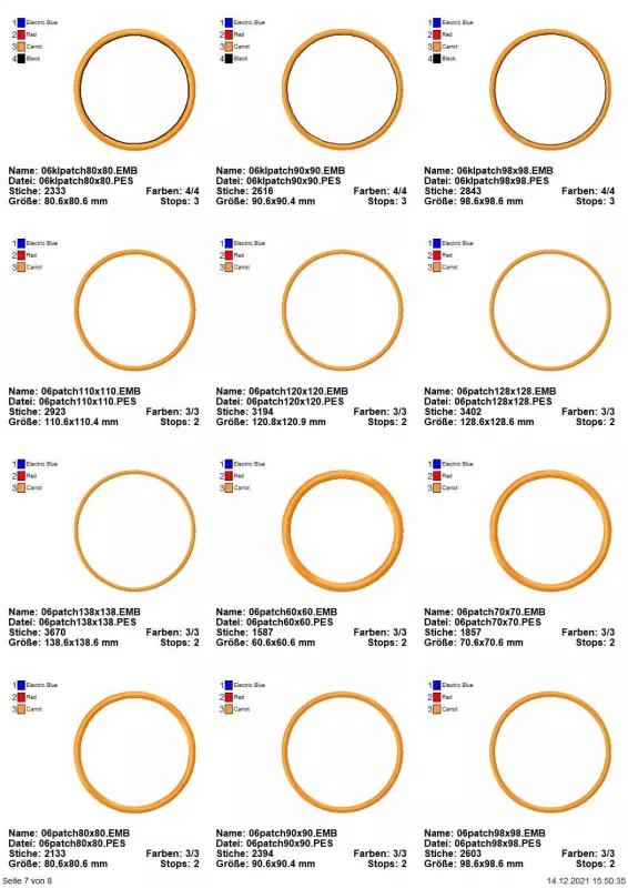 Stickdatei Set Blanko-Patches Aufnäher (mit und ohne Klett auf der Rückseite umsetzbar), Übersicht mit 12 Dateien, alle blanko und kreisrund, unterschiedliche Umrandungsbreiten.