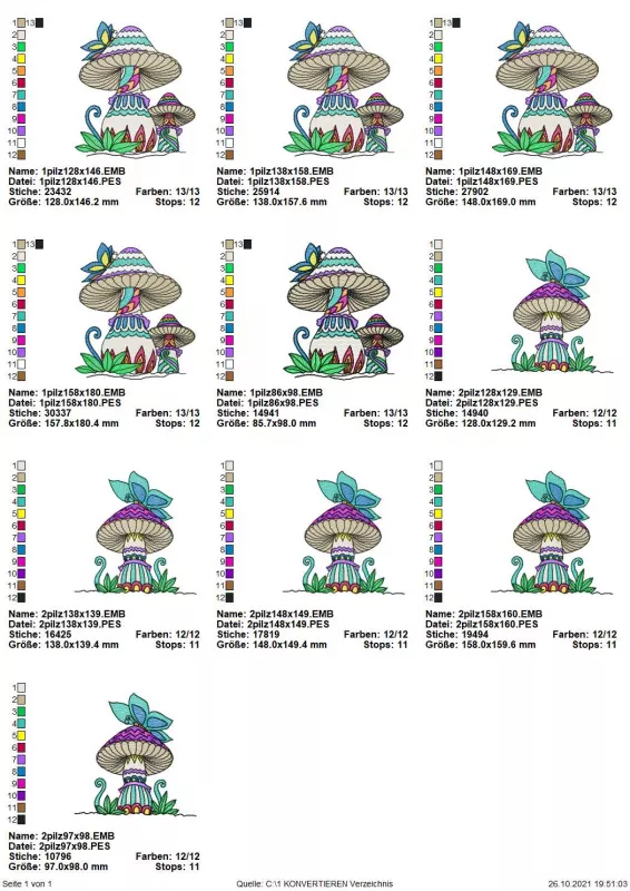 Übersicht Stickdatei Set Pilze mit Schmetterling & Wiese.