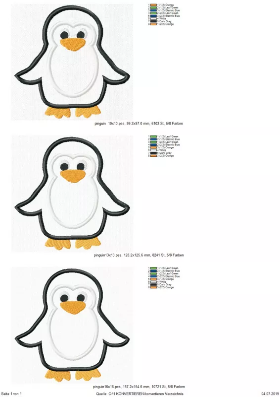 Stickdatei Pinguin Applikation in 3 Größen