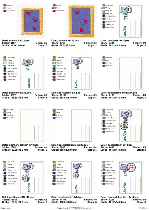Stickdatei Set ITH Postkarten inkl. Abwandlung zur Geschenktasche (div. Größen), Übersicht mit 12 Dateien. 2 mal einzelne Briefmarke; 3 mal Karte mit Adresslinien; 7 mal komplette Karte "An/To:" mit Adresslinien, Marke und Stempeln, die diverse Schriftzüg