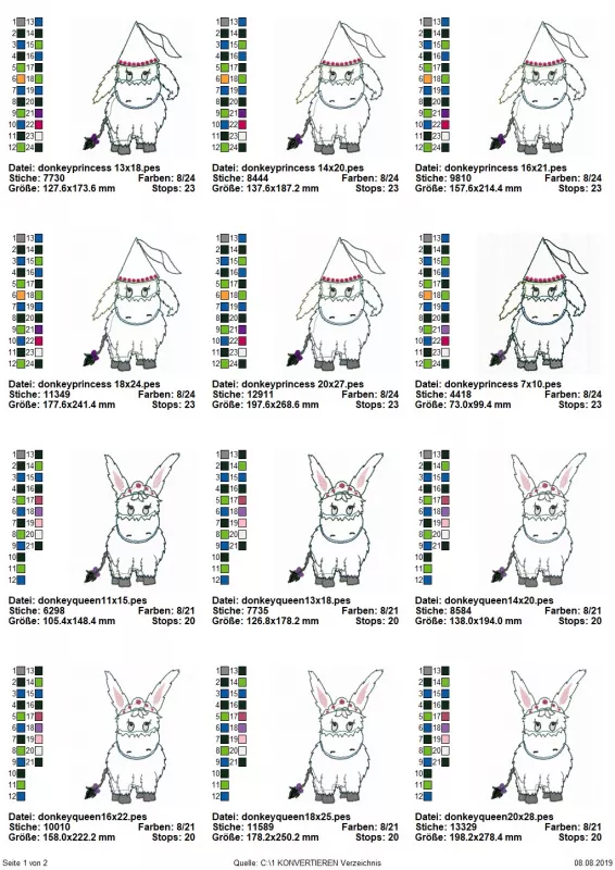 Stickdatei Set Princess and Queen Abby Doodle Applikation in diversen Größen, Übersicht mit 12 Dateien. 6 mal Esel, Käppchen mit Band; 6 mal Esel, Diadem auf dem Kopf, Schleifchen am Schwanz.