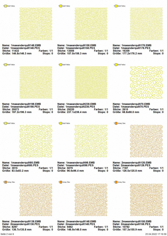 Übersicht Seite 2 Stickdatei Set Quiltblocks Vol. I - Basics Mäanderfüllung 10 Größen je 10 Designs