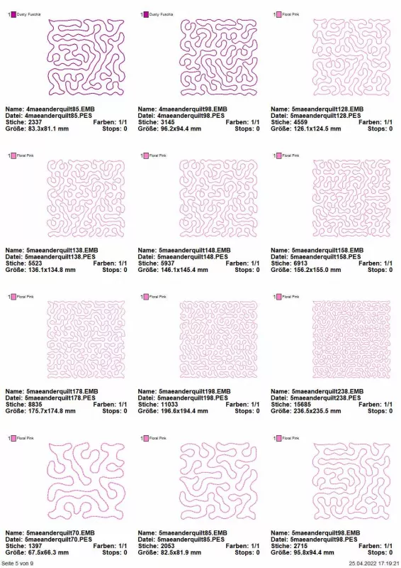 Übersicht Seite 5 Stickdatei Set Quiltblocks Vol. I - Basics Mäanderfüllung 10 Größen je 10 Designs