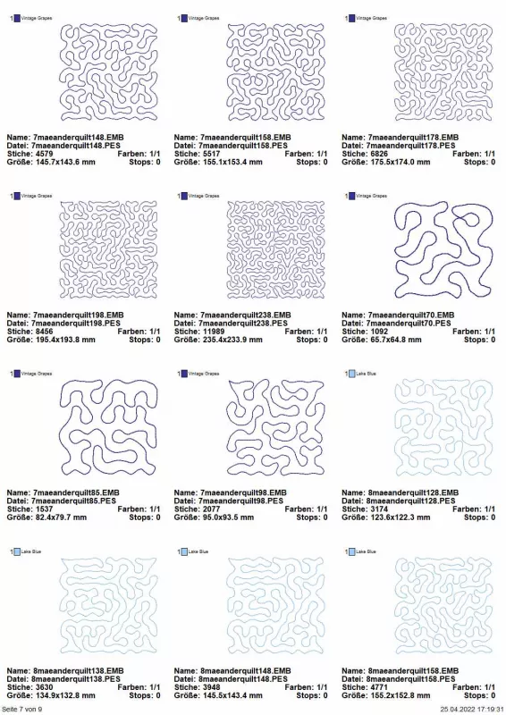 Übersicht Seite 9 Stickdatei Set Quiltblocks Vol. I - Basics Mäanderfüllung 10 Größen je 10 Designs