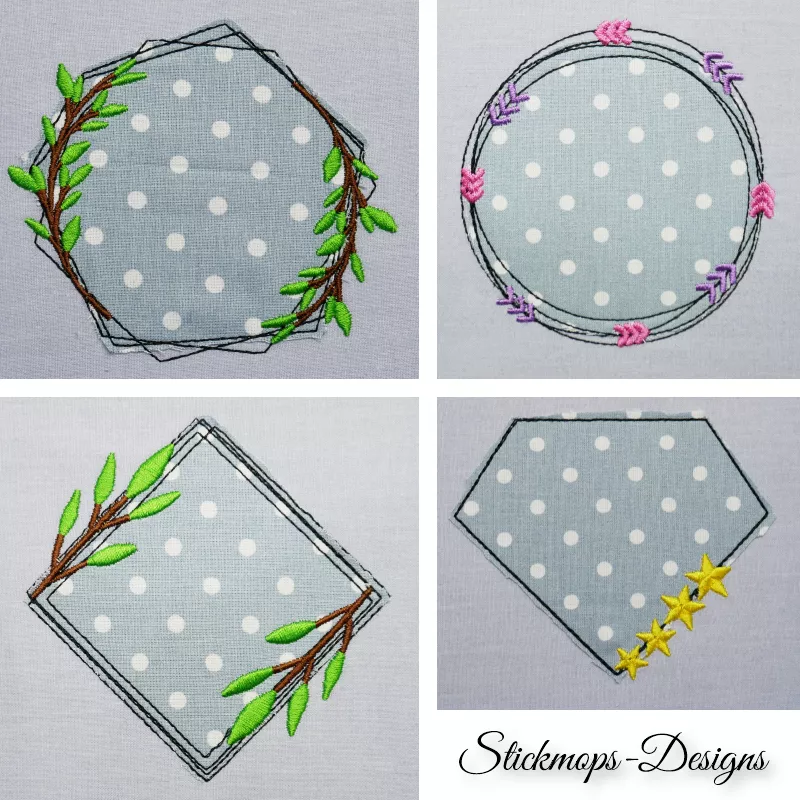 Stickdatei Set Floral Frames Doodle Applikationen, 4 Fotos mit je 1 unterschiedlichen Ausfertigung, Applikation je grauer Stoff, weißgepunktet, auf grauem Untergrund. Unterschiedliche Abstickungen: Runder Kranz mit 2 Blattranken; runder Kranz
