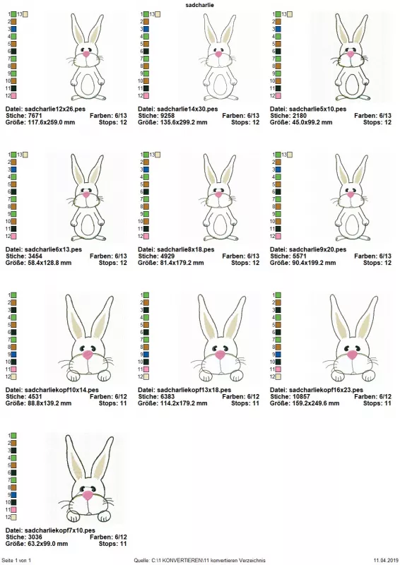 Stickdatei Set XXL Hase Charlie in 3 Variationen, Übersicht mit 10 Dateien. 6 mal stehender Hase; 4 mal Hasenkopf auf Vorderpfoten.