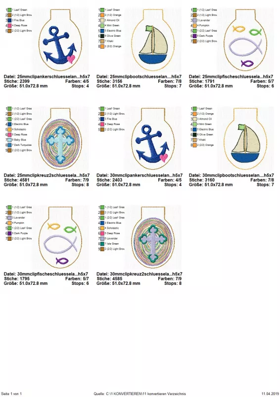 Stickdatei Set 4 Schlüsselanhänger mit christlichen Symbolen, Übersicht mit 8 Dateien. Ovale Anhänger mit Motiven: Anker, Segelboot, Symbolfische, Kreuz.