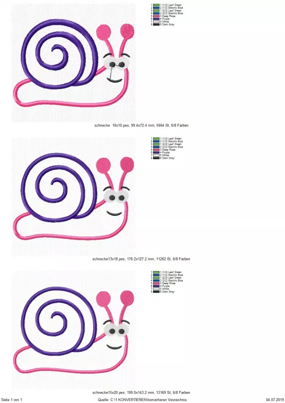 Stickdatei Schnecke Applikation in 3 Größen. Übersicht zeigt 3 Dateien, jeweils eine Schnecke mit rechtsgewundenem Schneckenhaus.