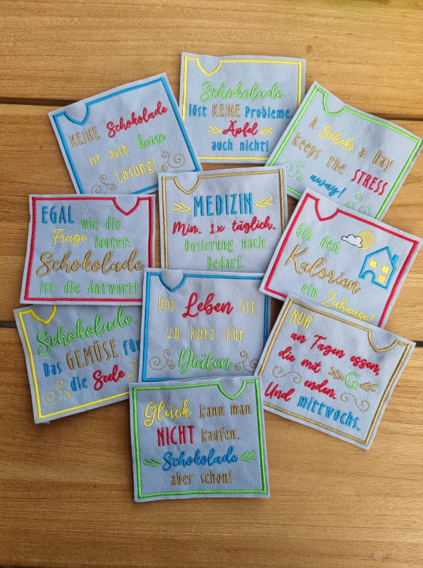 Stickdatei Set ITH Schokohüllen mit Sprüchen in 2 Größen Stickdatei Set ITH Schokohüllen mit Sprüchen in 2 Größen