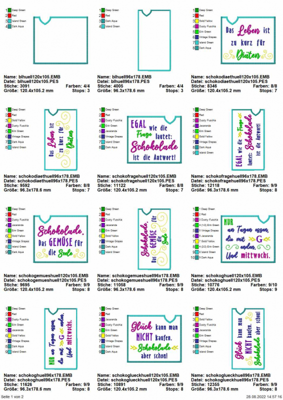 Stickdatei Set ITH Schokohüllen mit Sprüchen in 2 Größen