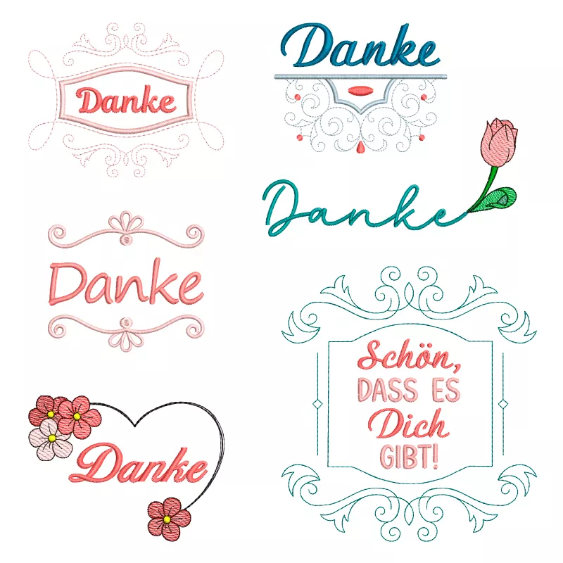 Stickdatei Set Danke mit ITH Schokohüllen, Anhängern, Grußkarten & Einzelmotiven