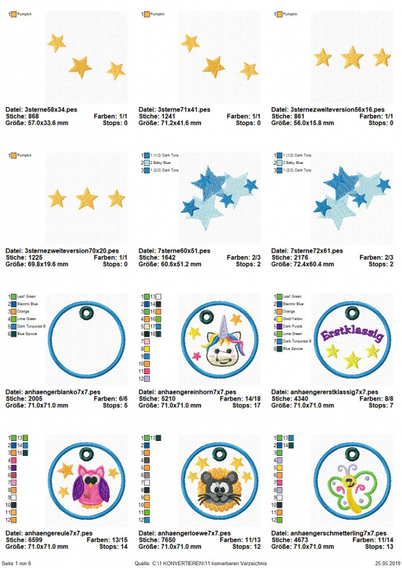 Stickdatei Set Schulanfang (div. Rahmengrößen), Übersicht mit 12 Dateien. 4 mal Sterne; 2 mal Sternhaufen; 1 mal Blanko-Anhänger; 5 mal Anhänger, bestickt (Einhornkopf; Sterne; Eule; Schmetterling; Löwenkopf), teilweise Schriftzug "Erstklassig".